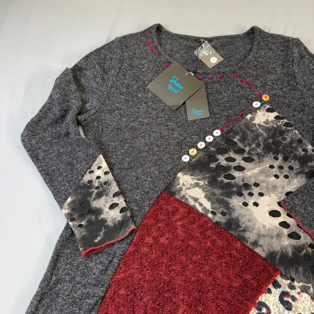 Shana Apparel Mixed Media Patchwork Tunic Top Black Red Leopard Print Womens M - Picture 14 of 16